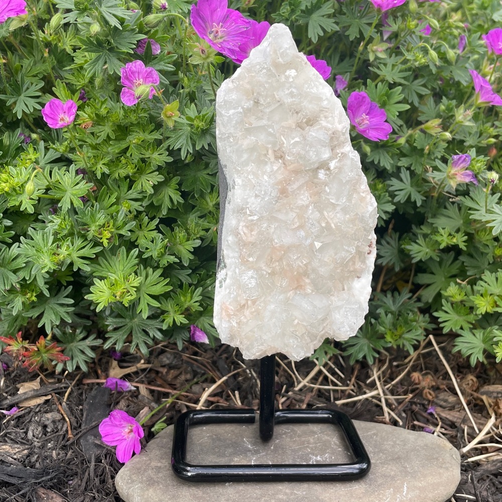 Stunning Apophyllite Cluster With Dainty Peach Stilbite On Stand